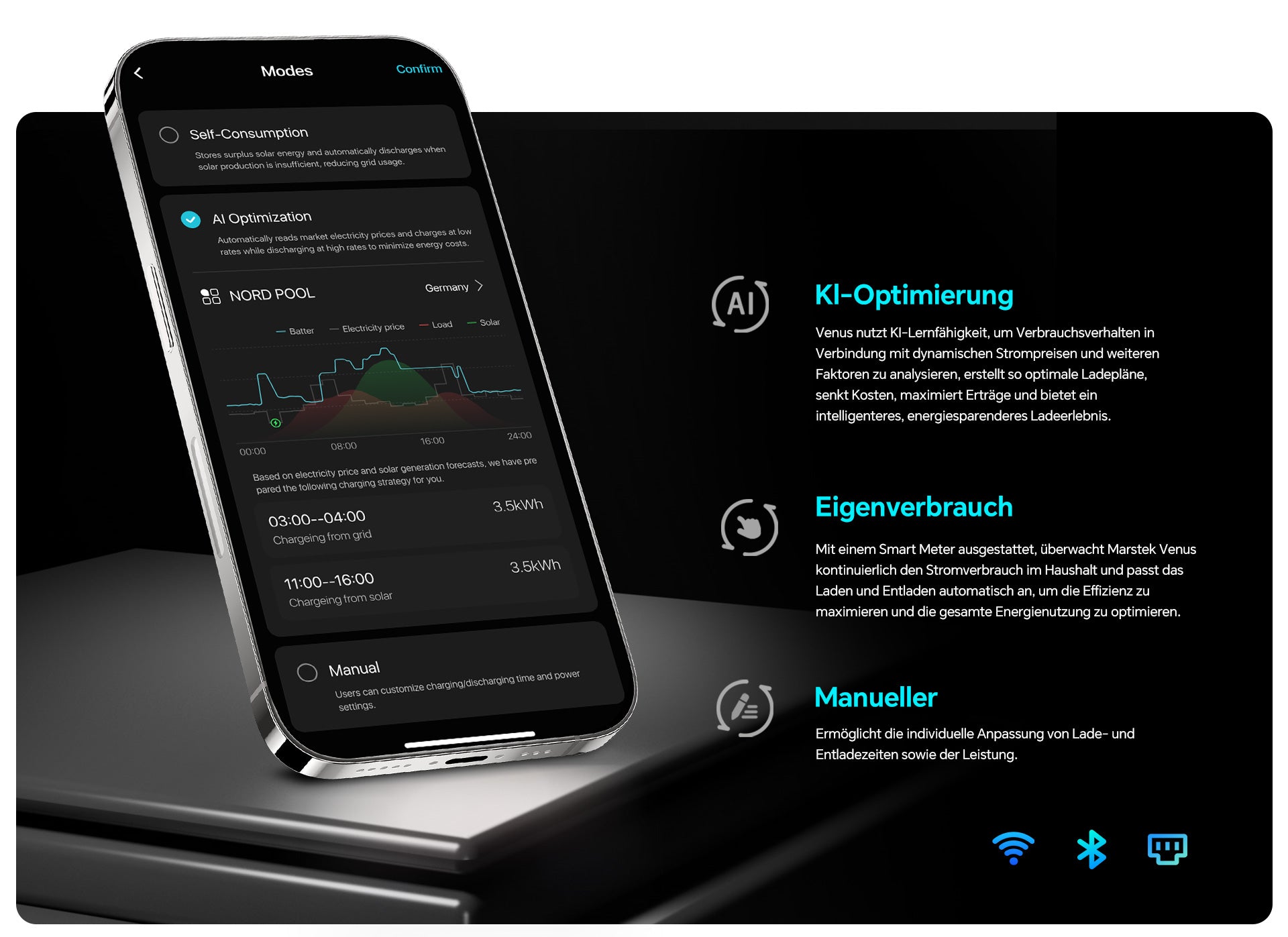 Marstek Venus E 3.0 App-Bildschirm mit KI-Optimierung, Eigenverbrauch und manuellen Ladeeinstellungen.