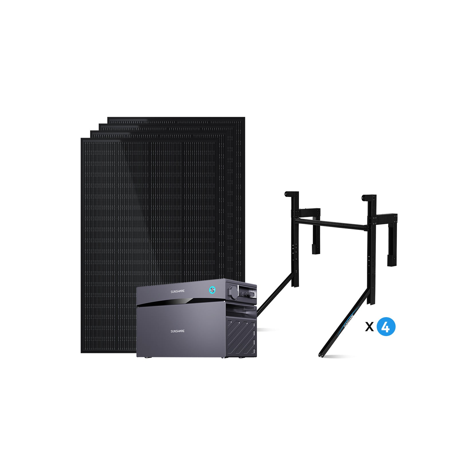 Sunshare Semi-Solid Balkonkraftwerk mit Speicher, bestehend aus Solarpanelen und Halterung.