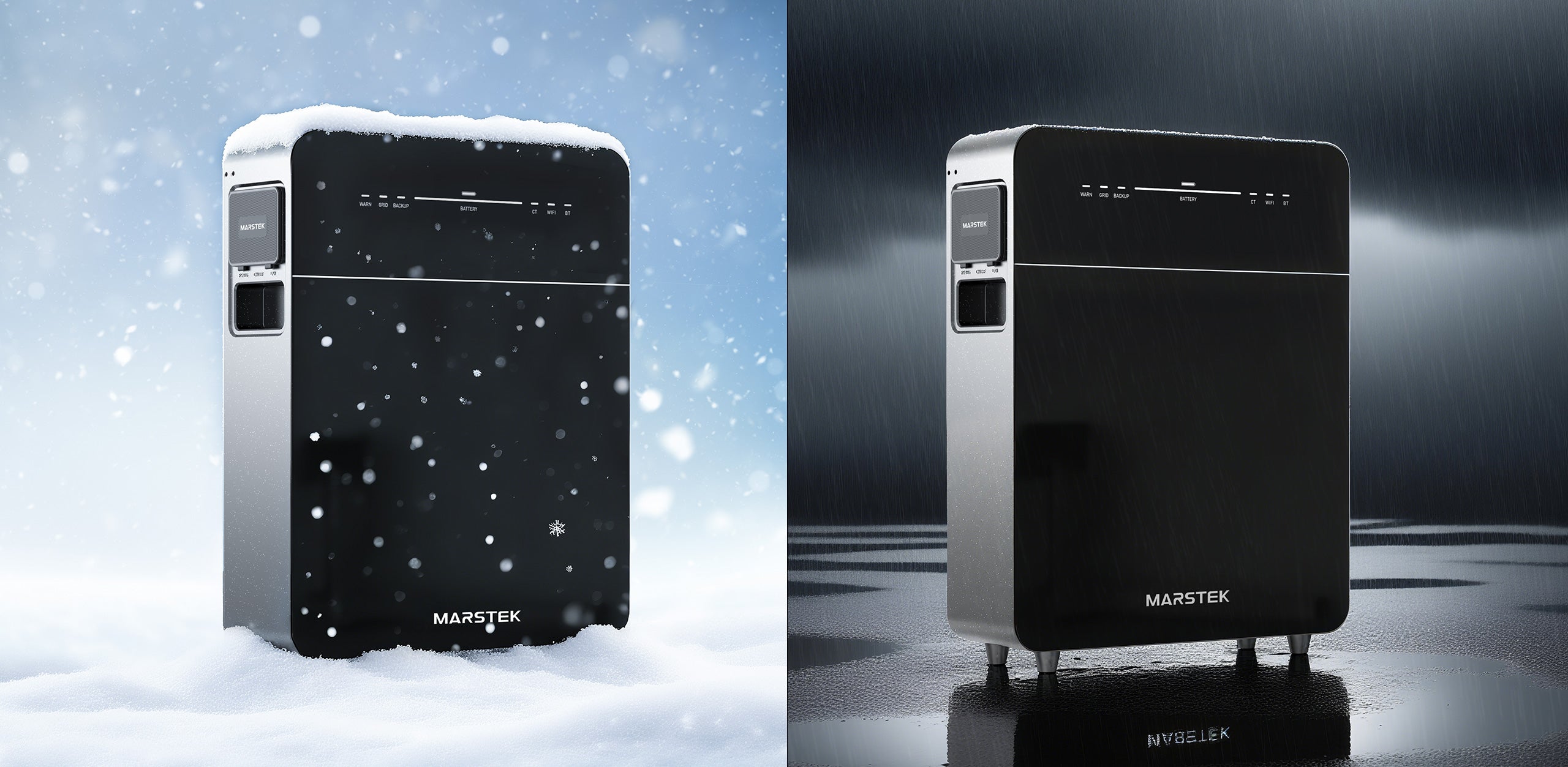 Marstek Venus E 3.0 Heimbatterie in winterlicher und regnerischer Umgebung, die vielseitige Nutzung demonstriert.