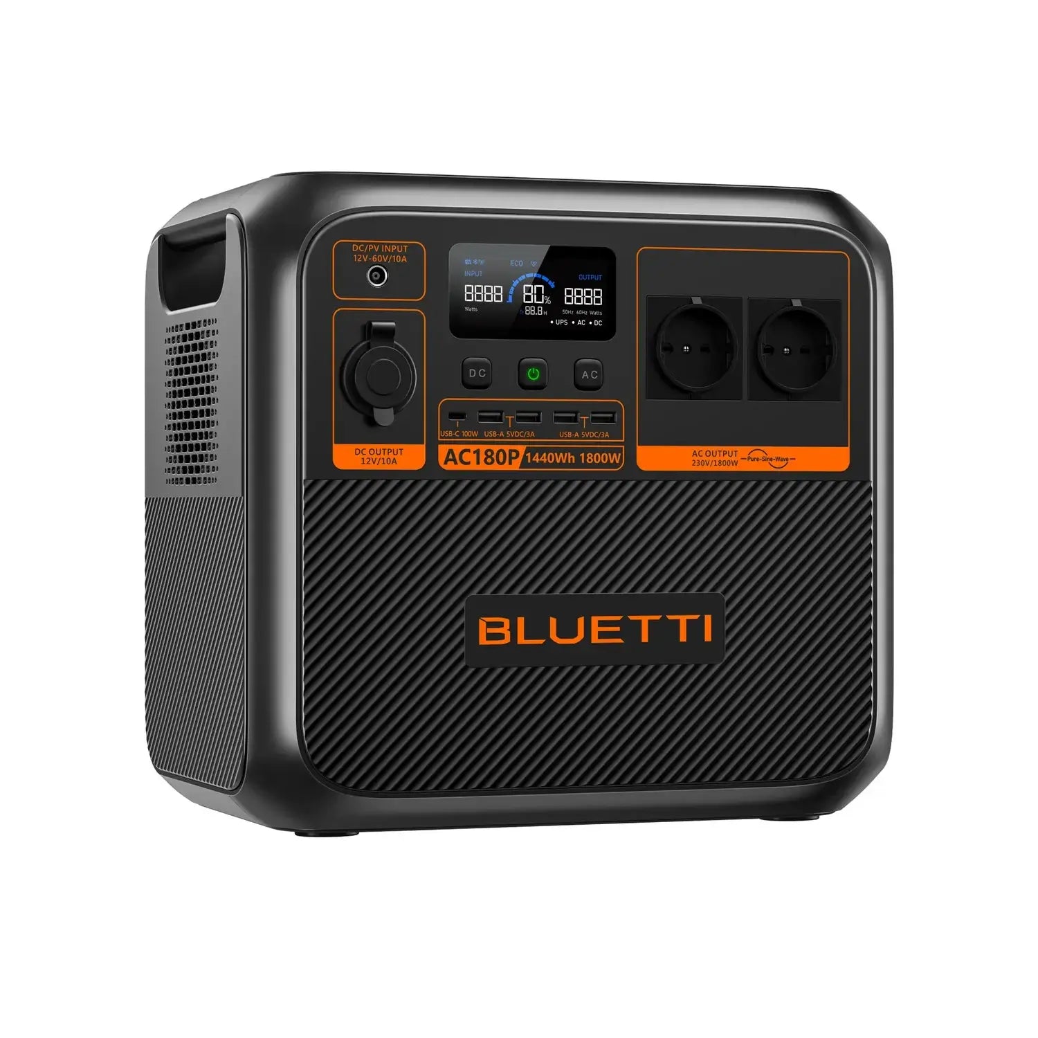 Seitliche Ansicht der Bluetti AC180P – kompakte tragbare Powerstation mit Griff