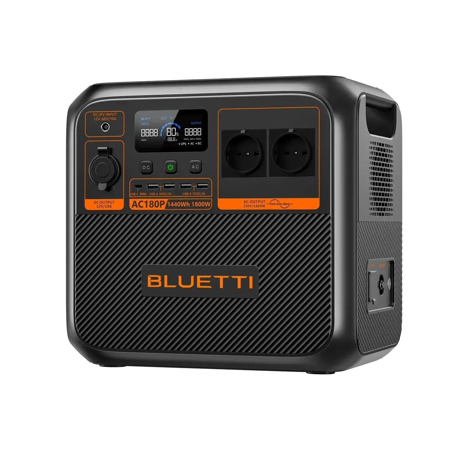 Anschlüsse der Bluetti AC180P – AC-Ausgang, DC-Port, USB und Solar-Eingang im Detail
