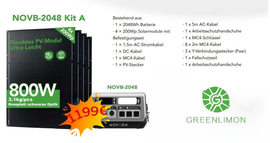 NOVGEN NOVB2048 Ultimate Balcony Energy Storage – Balkonkraftwerk Set mit GreenLimon Solarmodulen und Wechselrichter