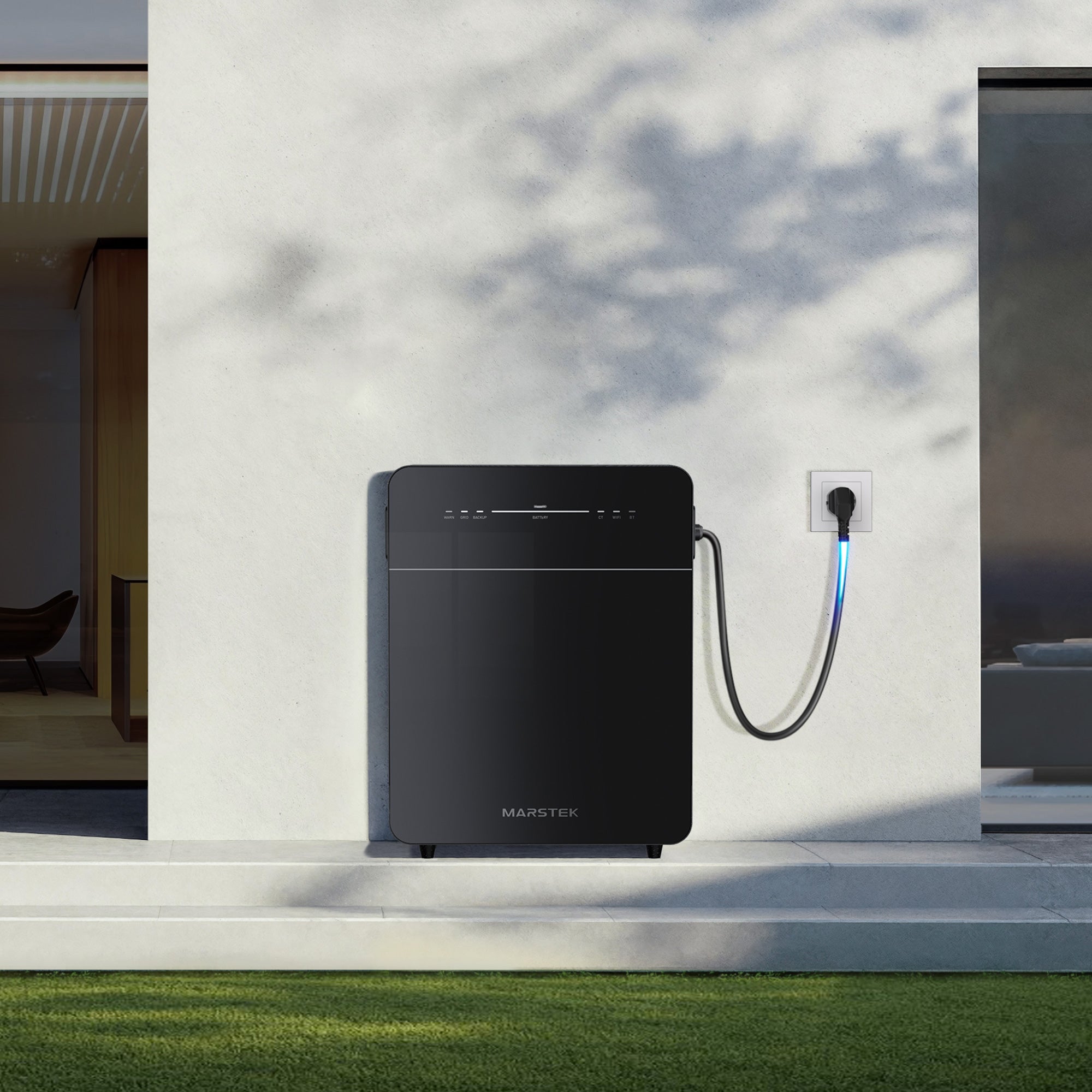Marstek Venus E 3.0 energy storage unit installed on a wall with power connection, suitable for balcony and household use.