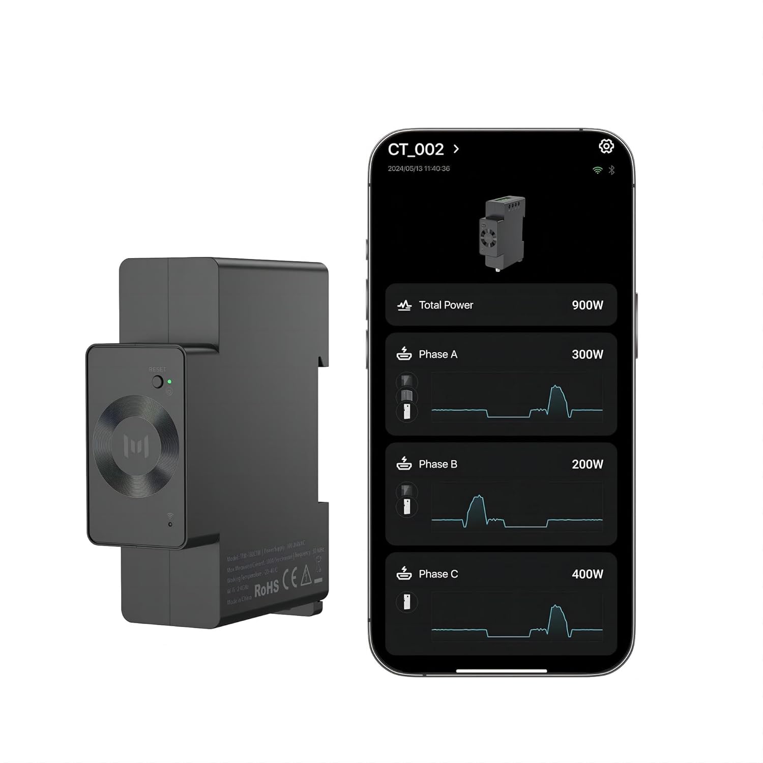 CT002 Strommessgerät mit Anschlussbeschreibung – Spannungseingang und Stromsensor-Anschluss