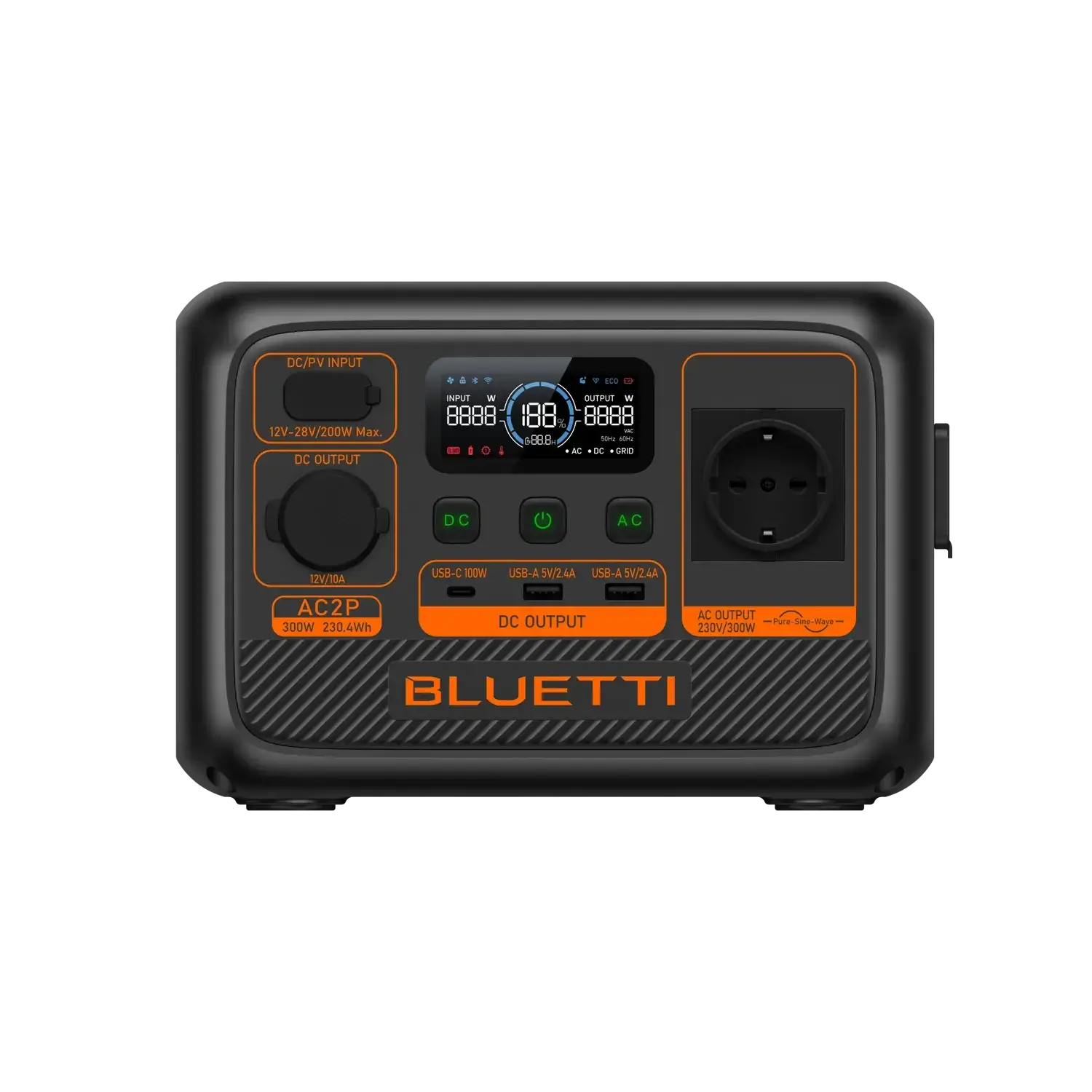 Bluetti AC2P Tragbare Powerstation 300W 230Wh – Vorderansicht