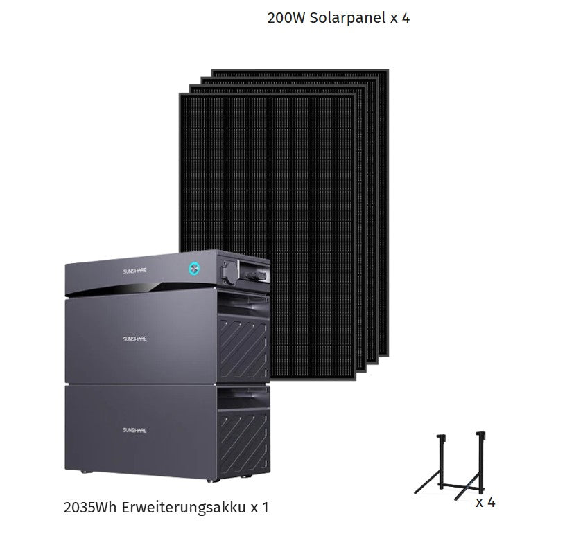 Sunshare Semi-Solid Balkonkraftwerk mit Speicher, 200W Solarpanels, und 2035Wh Erweiterungsakku.