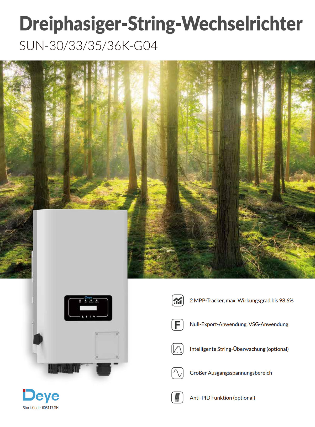 Deye SUN-30K-G04 – 30 kW dreiphasiger Netzgekoppelter String-Wechselrichter mit 2 MPPTs